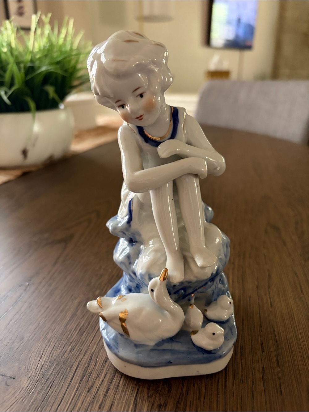 Porcelain Girl with Ducks Figurine - Blue and White Home Art